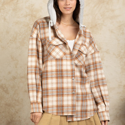 Drawstring Plaid Long Sleeve Hooded Jacket