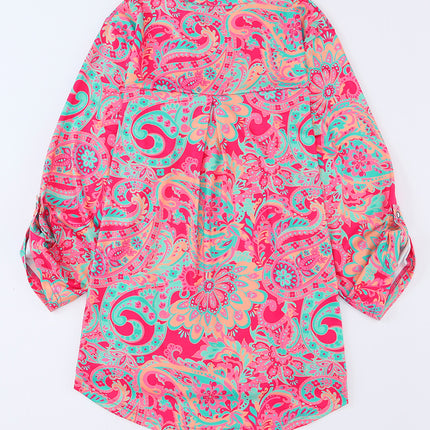 Plus Size Printed Notched Long Sleeve Blouse