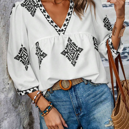 Printed V-Neck Three-Quarter Sleeve Blouse