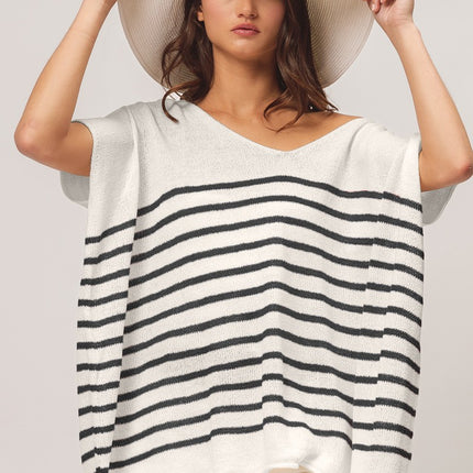 BiBi V Neck Striped Short Sleeve Top