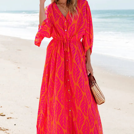 Drawstring Printed V-Neck Maxi Dress