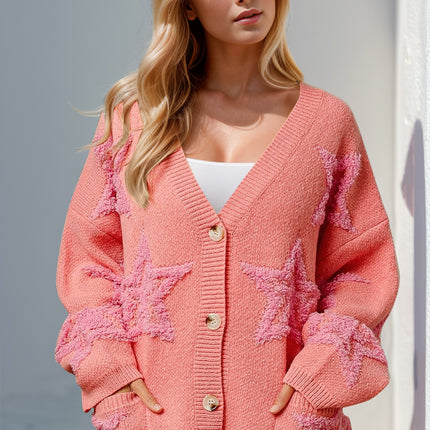 Double Take Full Size Button Up Star Pattern Cardigan