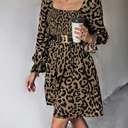 Leopard Smocked Flounce Sleeve Mini Dress