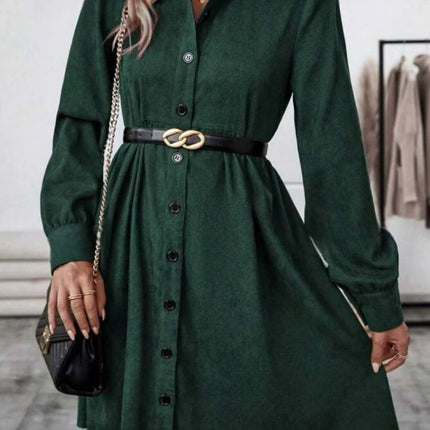 Ruched Button Up Long Sleeve Dress