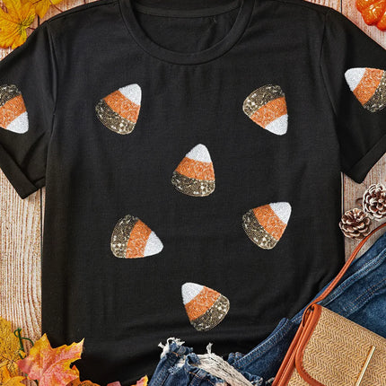 Sequin Round Neck Short Sleeve T-Shirt - Vickie Lynn's