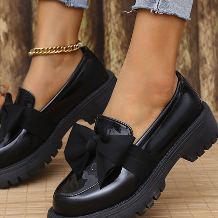 Bow PU Leather Round Toe Loafers