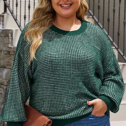 Plus Size Waffle-Knit Round Neck Dropped Shoulder Sweater