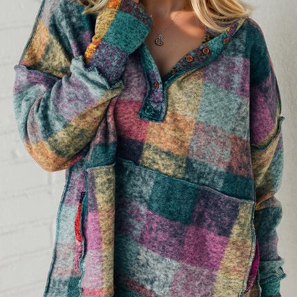 Double Take Full Size Half Button Thumbhole Long Sleeve Fleece Hoodie