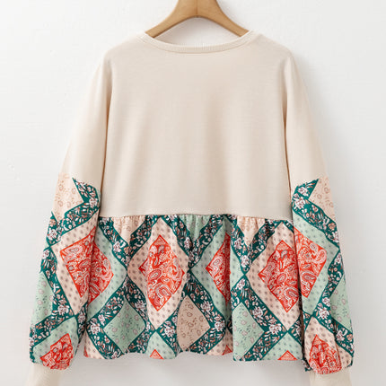 Printed Round Neck Long Sleeve Blouse