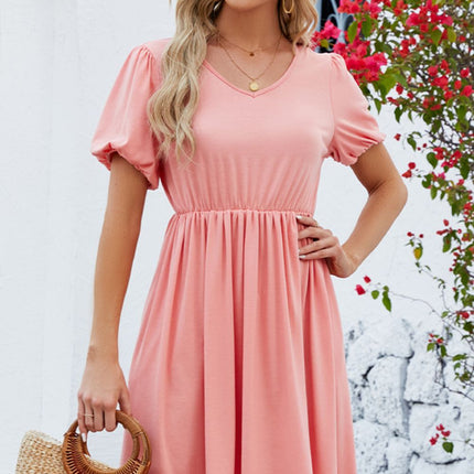 V-Neck Balloon Short Sleeve Dress