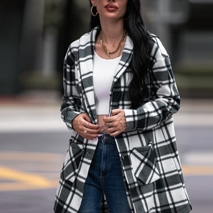 Shiny Plaid Shawl Collar Coat with Pockets