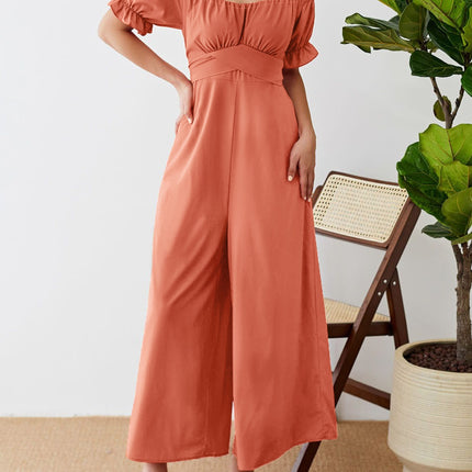 Off-Shoulder Short Sleeve Wide Leg Jumpsuit