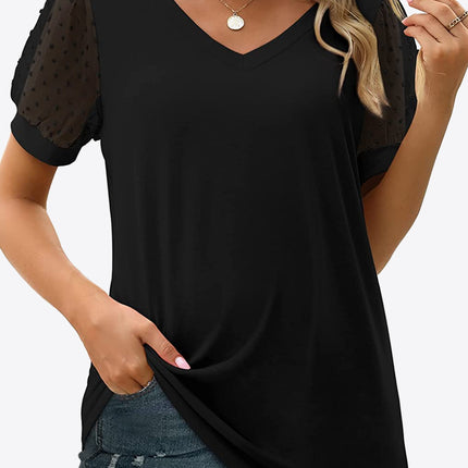 Swiss Dot Puff Sleeve V-Neck Tee