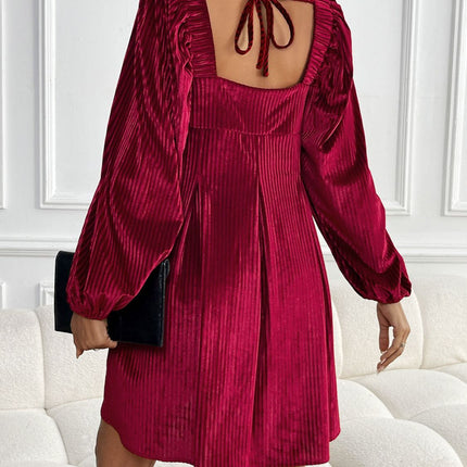 Perfee Tied Pocketed Square Neck Long Sleeve Dress