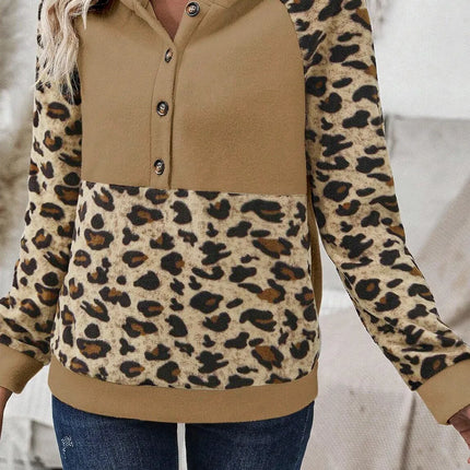 Leopard Half Button Long Sleeve Hoodie