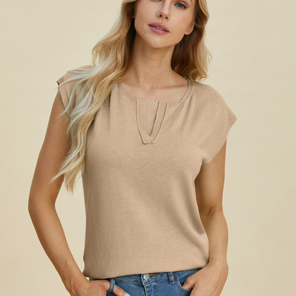 Double Take Full Size Notched Cap Sleeve Knit Top