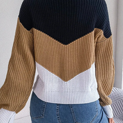 Autumn Winter Color Contrast Women's Sweater Casual Knitted Long Sleeve Top Fashion V-neck Pullovers Loose New In Knitwears 2023