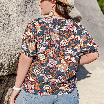 Plus Size Printed Notched Half Sleeve Blouse