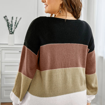 Plus Size Color Block Round Neck Sweater