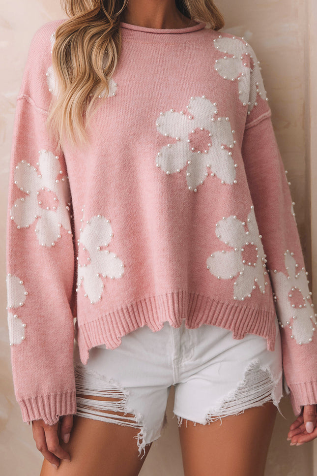 Pearl Trim Flower Round Neck Sweater