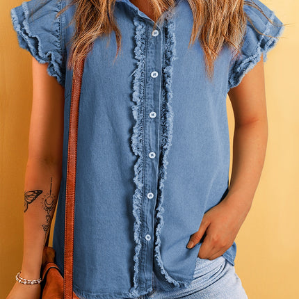 Raw Hem Button Up Cap Sleeve Denim Top