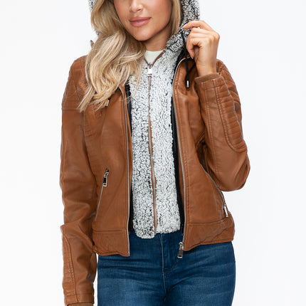 YMI Faux Layered Double-Zipper Jacket with Fuzzy Hood