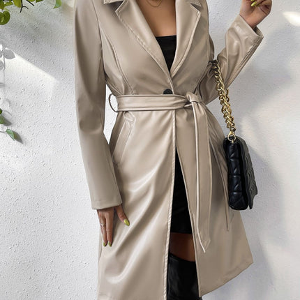 Tied PU Leather Long Sleeve Trench Coat