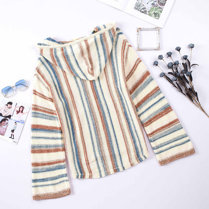 Contrast Striped Dropped Shoulder Hooded Knit Top