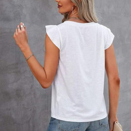 Ruffled Round Neck Cap Sleeve T-Shirt