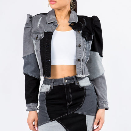 American Bazi Button Up Cropped Patchwork Denim Jacket