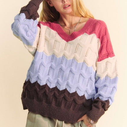 Davi & Dani Wavy Texture Color Block V-Neck Sweater