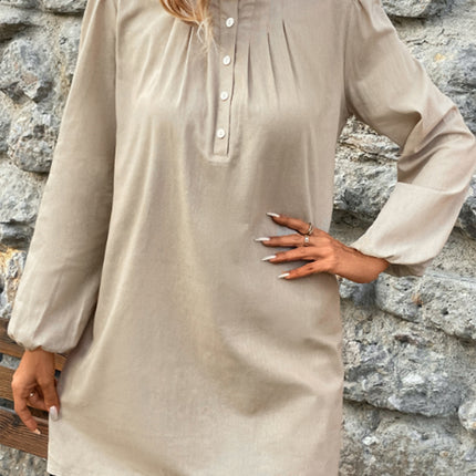Half Button Mock Neck Long Sleeve Mini Shirt Dress