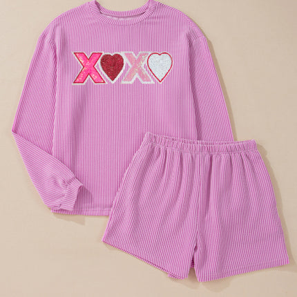 Valentine’s Day XOXO Heart Sequin Corded Long Sleeve Top and Shorts Set