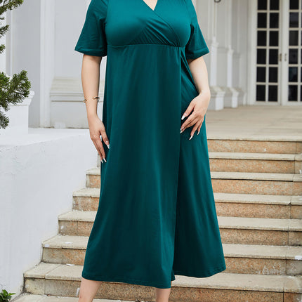 Plus Size Slit Surplice Short Sleeve Midi Dress