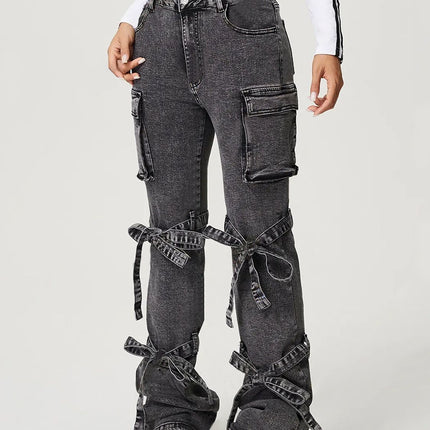 Bow Tied Mid Rise Jeans with Cargo Pockets