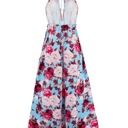 Slit Backless Printed Halter Neck Dress