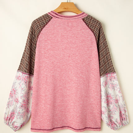 Plaid Floral Patchwork Round Neck Long Sleeve Top