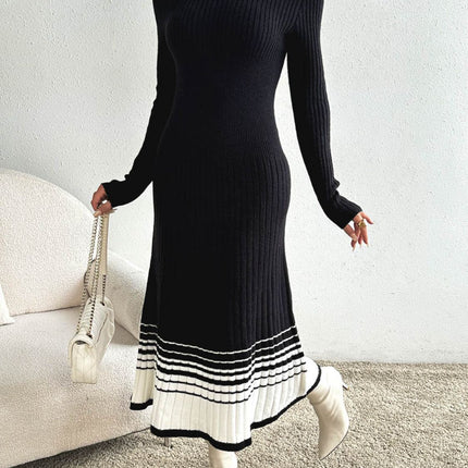 Contrast Mock Neck Long Sleeve Sweater Dress