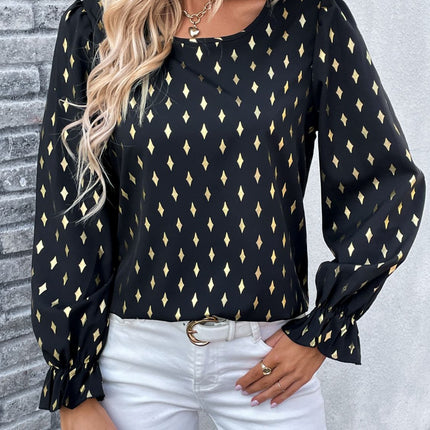 Double Take Printed Round Neck Flounce Sleeve Blouse