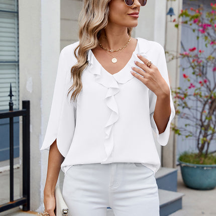 Ruffled V-Neck Three-Quarter Sleeve Blouse