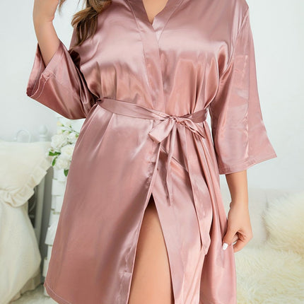 Plus Size Surplice Neck Tie Waist Robe