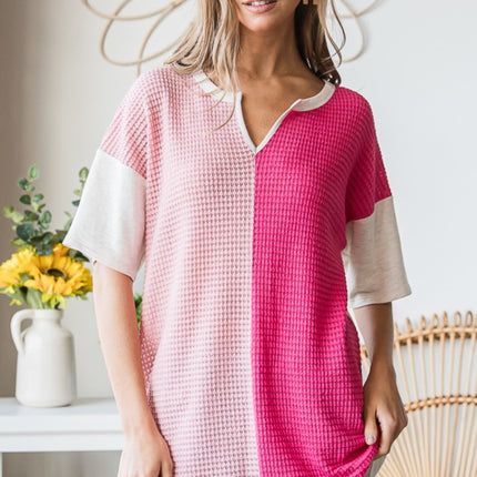 Heimish Full Size Contrast Waffle-Knit Half Sleeve Blouse