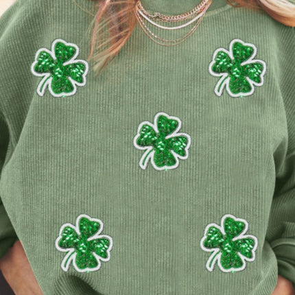 Sequin Lucky Clover Round Neck Long Sleeve Sweatshirt