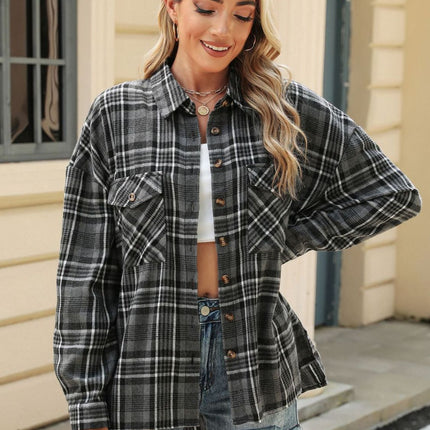 Pocketed Plaid Collared Neck Long Sleeve Shirt