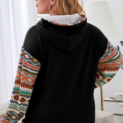 Plus Size Waffle-Knit Geometric Dropped Shoulder Hoodie