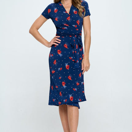 RENEE C Floral Tie Front Surplice Short Sleeve Dress