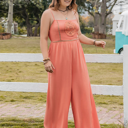 Plus Size Lace Detail Spaghetti Strap Wide Leg Jumpsuit