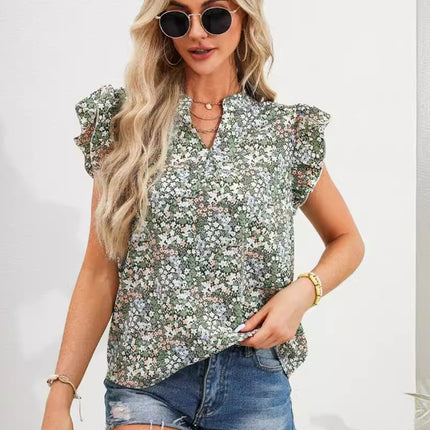 Ruffled Floral Notched Cap Sleeve Blouse