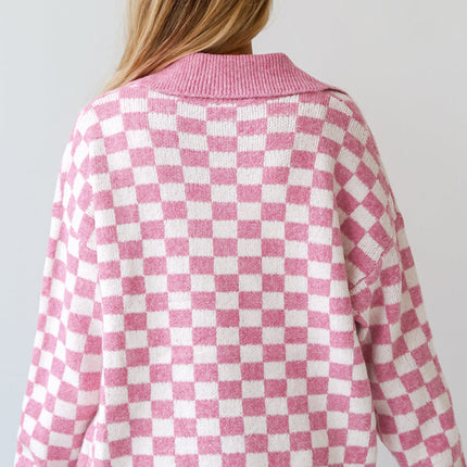 Checkered Collared Neck Long Sleeve Sweater