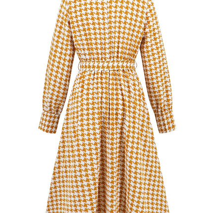 Tied Houndstooth Long Sleeve Midi Dress